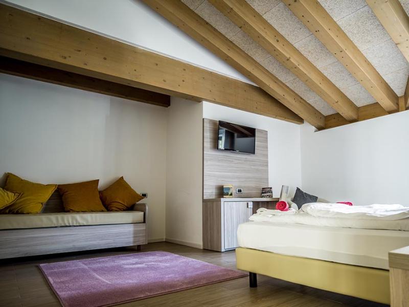 Camera moderna con soffitto in legno, letto, divano e TV a parete.