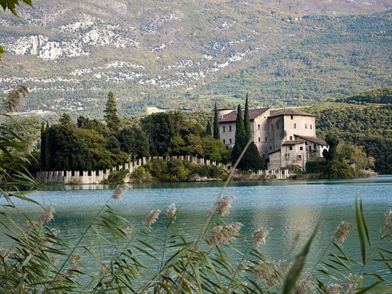 Castello circondato da alberi su un'isola in un lago tranquillo.